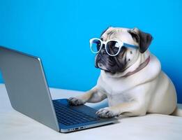 fofa pug cachorro com óculos. conceito do animal jogador, programador ou nacional animal dia.ai gerado foto