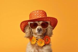 feliz cachorro cachorro retrato vestindo verão oculos de sol e olhando às Câmera isolado em laranja gradiente estúdio fundo. ai gerado foto