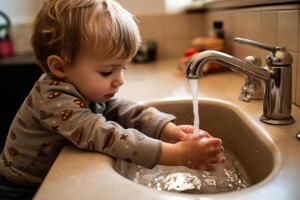 criança lavando mãos dentro afundar. ai gerado foto