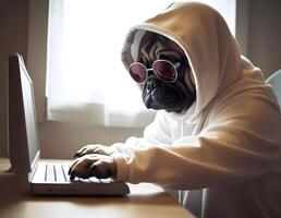 fofa pug cachorro com capuz. conceito do hacker, ocupado animal ou trabalhos a partir de lar. ai gerado foto
