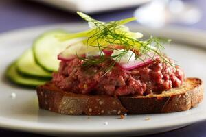 carne bife tartare em torrada com vegetação e legumes. ai gerado foto