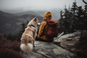 mulher caminhada com cachorro dentro montanhas. generativo ai foto