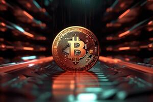 virtual criptomoeda. dourado bitcoin em tecnologia fundo. generativo ai foto
