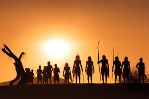 silhuetas do africano aborígenes às pôr do sol. generativo ai foto