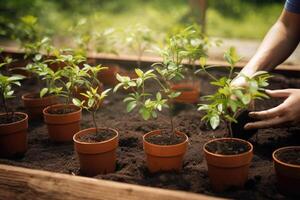 trabalhos dentro jardim. transplante mudas. generativo ai foto