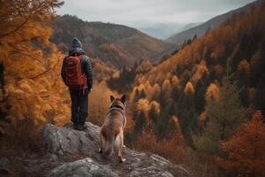 mulher caminhada com cachorro dentro montanhas. generativo ai foto