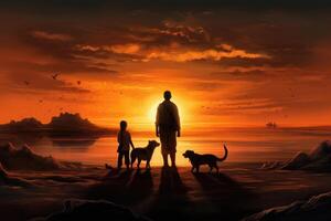 feliz família e cachorro silhuetas às pôr do sol. generativo ai foto