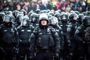 polícia pelotão vestindo uniforme em a cidade rua. generativo ai foto