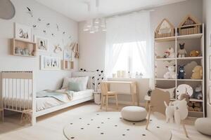 interior do acolhedor quarto para crianças dentro escandinavo estilo. generativo ai foto