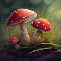 realista vermelho cogumelos dentro a jardim criada com generativo ai tecnologia foto
