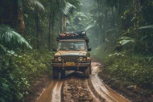 quatro roda dirigir suv é dirigindo em turvar estrada dentro selva. generativo ai foto