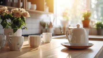 cozinha de madeira mesa topo com café da manhã às manhã tempo. generativo ai foto