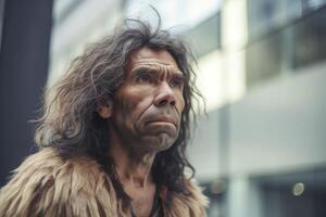 retrato do pré-histórico homem às cidade rua dentro presente tempo. generativo ai foto