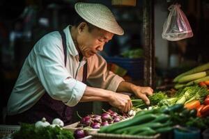 ásia chefe de cozinha escolhendo fresco legumes às Comida mercado. generativo ai foto