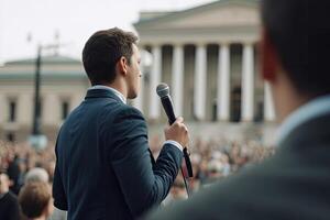 público alto falante dando conversa ao ar livre às o negócio evento. generativo ai foto