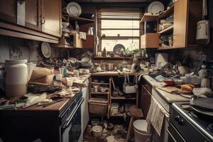 muito bagunçado cozinha interior. sujo pratos. generativo ai foto