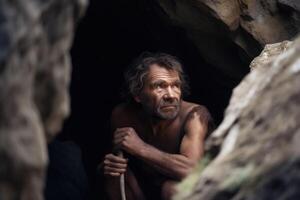 pré-histórico neanderthal homem dentro caverna. generativo ai foto