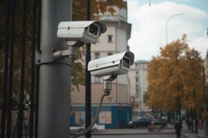 vigilância Câmera às cidade rua. cctv monitoramento sistema. generativo ai foto