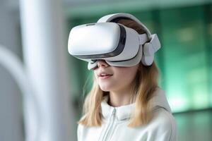 Adolescência menina usando virtual realidade fone de ouvido. generativo ai foto
