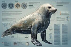 foca cyborg animal detalhado infográfico, cheio detalhes anatomia poster diagrama ilustração generativo ai foto