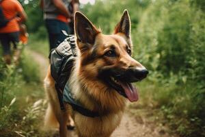 cachorro caminhada em uma trilha com mochila ilustração generativo ai foto