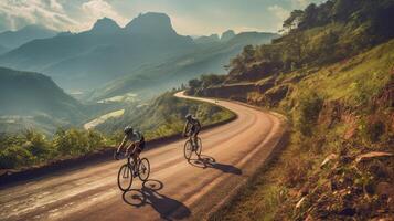 ciclista equitação bicicleta às montanha estrada. generativo ai foto