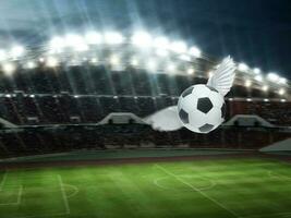 futebol bola ter asas voar, futebol objetivo em estádio dentro noite foto