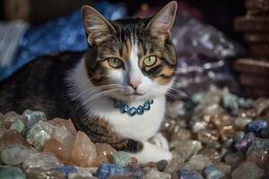 retrato do uma desconexo - olhando chita gato, empoleirado em uma pilha do dinheiro e cercado de bolsas do azul cristais. gato Como quebra mau personagem ilustração generativo ai foto