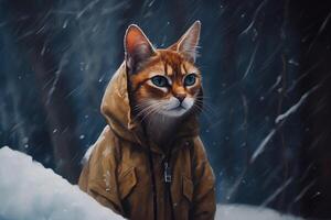 generativo ai, abissínio gato aventureiro dentro inverno forets. óleo pintura do fofa bicho de estimação, animal vestem roupas. foto