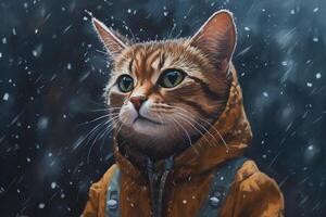 generativo ai, abissínio gato aventureiro dentro inverno forets. óleo pintura do fofa bicho de estimação, animal vestem roupas. foto