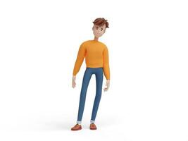 3d jovem positivo homem em pé dentro uma relaxado pose. retrato do uma engraçado desenho animado cara dentro casual roupas, suéter e jeans. minimalista estilizado personagem. 3d ilustração em branco fundo. foto