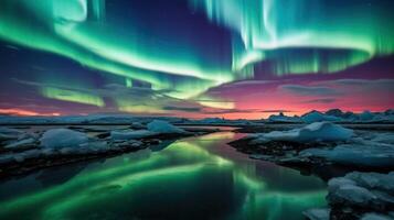 aurora boreal sobre jokulsarlon, Islândia. generativo ai. foto