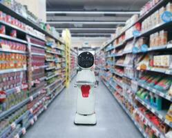 Inovativa compras robôs dentro a supermercado ri muito foto