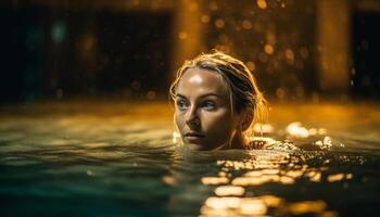 jovem mulher sorridente dentro refrescante piscina água gerado de ai foto