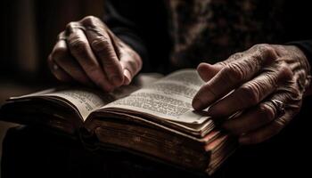 mão segurando Bíblia, estudando religioso texto dentro de casa gerado de ai foto