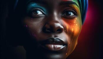 lindo jovem africano mulher brilhando com sensualidade, olhando longe gerado de ai foto