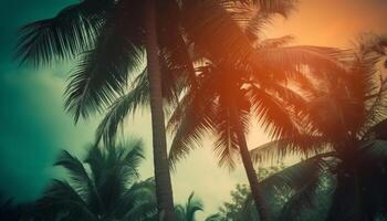 tropical Palma árvore silhueta às pôr do sol, refletindo multi colori beleza gerado de ai foto