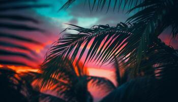 tranquilo pôr do sol sobre tropical litoral, Palma árvores recortado contra multi colori céu gerado de ai foto