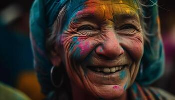 Senior mulher goza tradicional festival com colorida face pintura ao ar livre gerado de ai foto