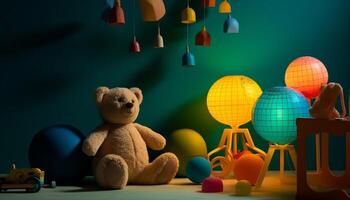 uma brincalhão Urso de pelúcia Urso traz alegria para uma colorida aniversário festa gerado de ai foto