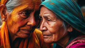 dois Senior mulheres sorridente ao ar livre dentro tradicional indiano roupas gerado de ai foto