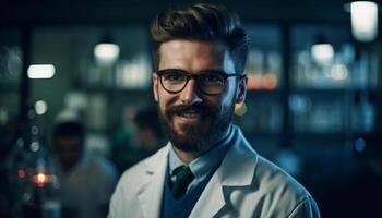 confiante jovem homem de negocios, especialista dentro Ciência, sorridente dentro laboratório casaco gerado de ai foto