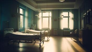 confortável moderno quarto com iluminado janela e esvaziar hospital cama gerado de ai foto