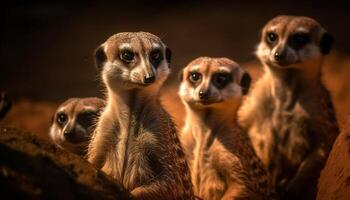 pequeno grupo do fofa suricatos olhando alerta dentro natureza ao ar livre gerado de ai foto