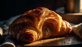 recentemente cozido francês croissant em rústico de madeira mesa, pronto para comer gerado de ai foto