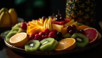 fresco fruta salada em de madeira mesa, perfeito para saudável Beliscando gerado de ai foto