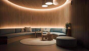 moderno luxo apartamento com elegante projeto, confortável sofá e iluminado mesa gerado de ai foto