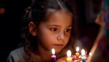 sorridente caucasiano menina comemora aniversário com pequeno vela chama gerado de ai foto