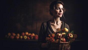 1 mulher segurando uma cesta do fresco fruta, sorridente às Câmera gerado de ai foto