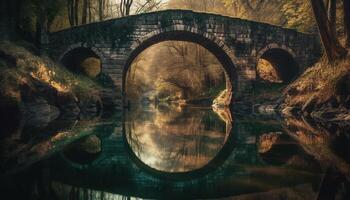 medieval ponte construído com pedra material sobre tranquilo canal gerado de ai foto